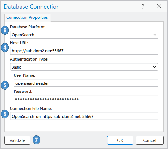 Connecting to OpenSearch from the Database Connection dialog box